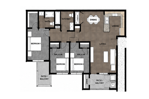 Floor plan for 3 beds, 2 baths, 1016 sqft